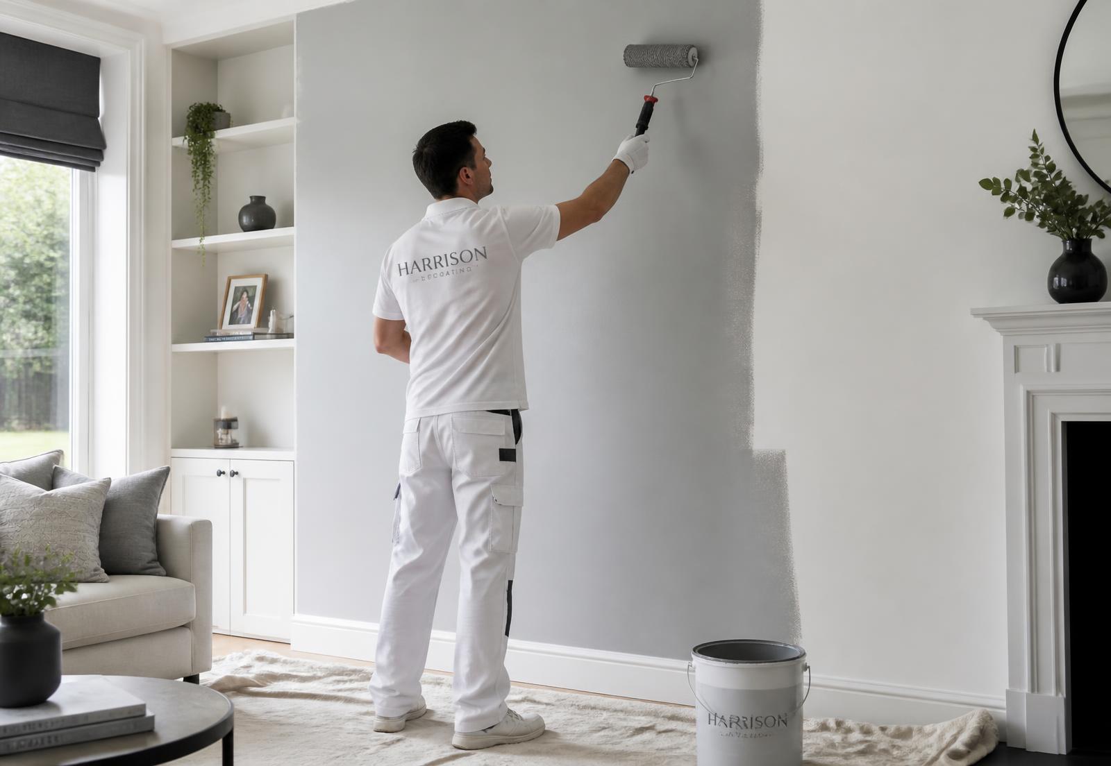 Painter and decorator rolling fresh paint onto a living room wall